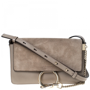 Pre Owned Chloe Taupe Leather and Suede Small Faye Shoulder Bag