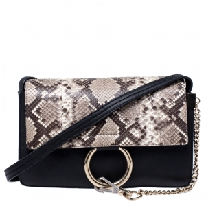 Pre Owned Chloe Black/White Leather and Python Small Faye Shoulder Bag