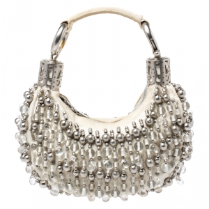 Chloe Off White Canvas Beaded Embellished Crescent Hobo