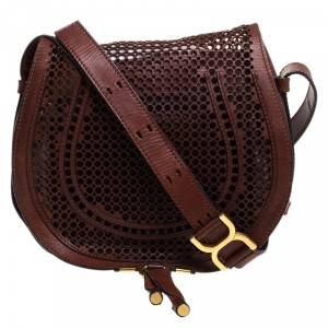 Pre Owned Chloe Dark Brown Perforated Leather Medium Marcie Crossbody Bag