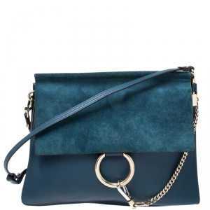 Pre Owned Chloe Dark Blue Leather and Suede Medium Faye Shoulder Bag