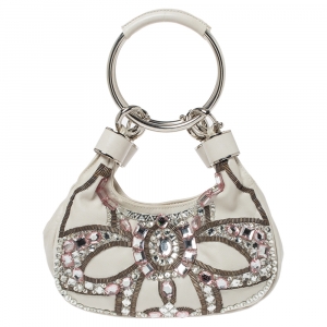 Pre Owned Chloe White Crystal Embellished Leather Double Ring Handle Bag