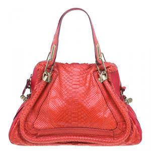Pre Owned Chloe Red Python Medium Paraty Shoulder Bag