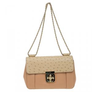 Pre Owned Chloe Beige Bi Color Ostrich and Leather Medium Elsie Shoulder Bag