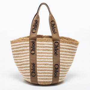 Chloe Beige/White Raffia Large Woody Tote