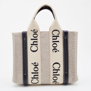 Chloe Beige/Black Canvas and Leather Small Woody Tote