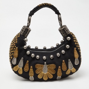 Chloe Black Canvas Metal Embellished Crescent Hobo