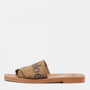 Chloe Brown Canvas Woody Slide Flats Size 39