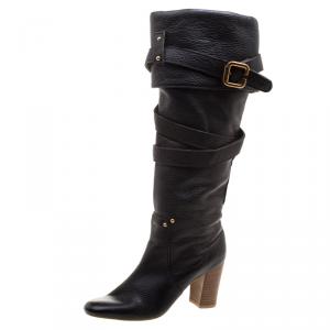 Chloe Black Leather Cross Strap Knee Length Boots Size 37