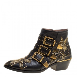 Pre Owned Chloe Black Leather Suzanna Studded Ankle Boots Size 36