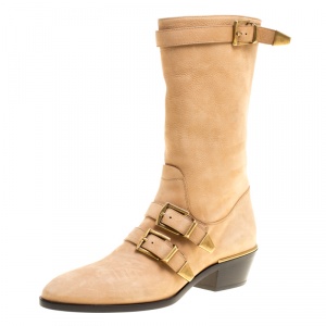 Pre Owned Chloe Beige Leather Susanna Buckle Detail Boots Size 38