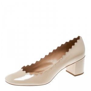 Pre Owned  Chloe Beige Patent Leather Lauren Scallop Trim Block Heel Pumps Size 38