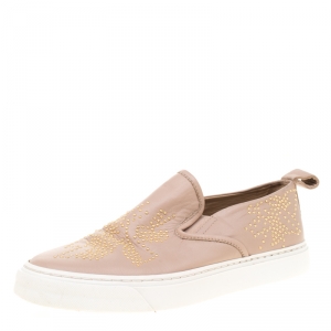 Pre Owned Chloe Beige Leather Stud Embellished Susanna Slip On Sneakers Size 37