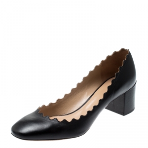 Pre Owned  Chloe Black Leather Lauren Scallop Trim Block Heel Pumps Size 38