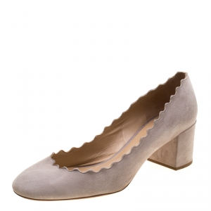 Pre Owned Chloe Light Grey Suede Lauren Scallop Trim Block Heel Pumps Size 39.5