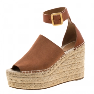  Chloe Brown Suede Leather Espadrille Ankle Strap Wedge Platform Sandals Size 38