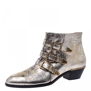 Pre Owned Chloe Gold Leather Suzanna Studded Ankle Boots Size 41