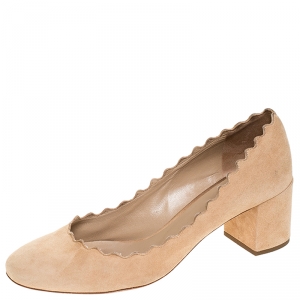 Pre Owned Chloe Beige Suede Lauren Scallop Trim Block Heel Pumps Size 37