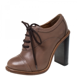 Pre Owned Chloe Brown Leather Block Heel Lace Up Ankle Boots Size 37