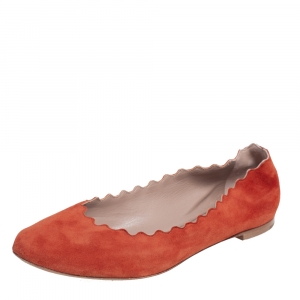 Pre Owned Chloé  Dark Orange Suede Lauren Scalloped Ballet Flats Size 39.5