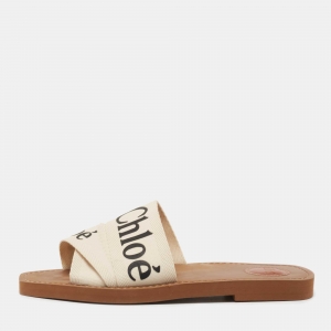 Chloe Off White Logo Print Canvas Woody Flat Slides Size 39