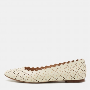 Pre Owned Chloe Off White Scalloped Leather Laser Cut and Studded Ballet Flats Size 38