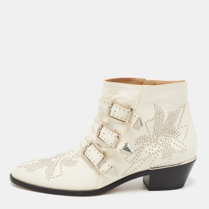 Chloe Cream Studded Leather Kyle Buckle Detail Ankle Boots Size 40