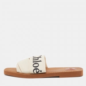 Chloé Off-White Logo Canvas Woody Flat Slides Size 40