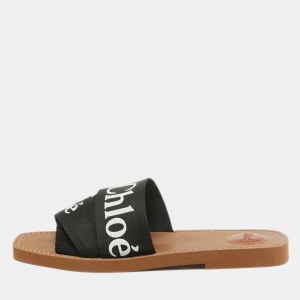 Pre Owned Chloe Black Logo Canvas Woody Flat Slides Size 41