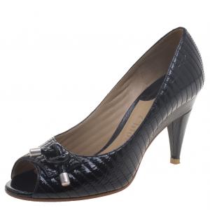 Pre Owned Chloe Black Patent Leather Line Stitch Detail Peep Toe Pumps Size 36.5