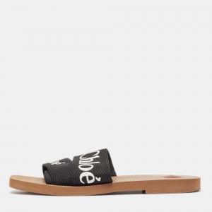 Pre Owned Chloe Black Logo Print Canvas Woody Flat Slides Size 41