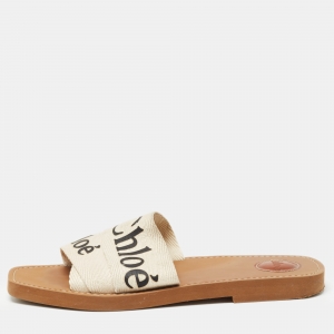 Pre Owned Chloe Cream Logo Print Canvas Woody Flat Slides Size 41