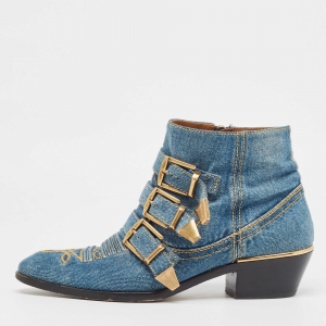 Chloe Blue Denim Embroidered Western Boots Size 37.5