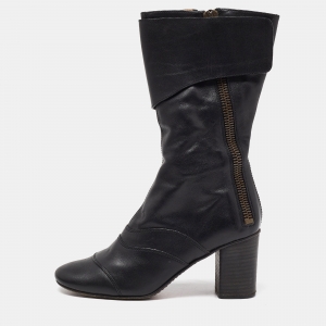 Chloe Black Leather Block Heel Mid Calf Boots Size 37