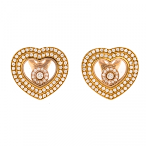 Chopard Diamond Pave 18K Yellow Gold Happy Diamonds Heart Earrings