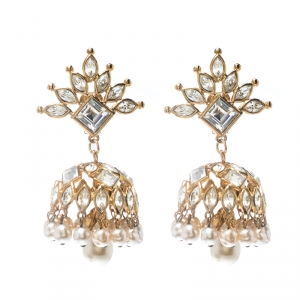 Christian Lacroix Faux Pearl & Crystal Gold Tone Long Clip-on Drop Earrings