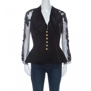 Christian Lacroix Black Wool Gathered Bodice Beaded Sheer Sleeve Peplum Jacket L