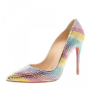 مملوكة مسبقًا Christian Louboutin Multicolor Crystal Embelllished Suede Rainbow Strass Pointed Toe Pumps Size 38