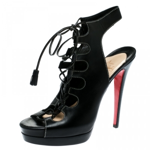 Pre Owned Christian Louboutin Black Leather Lace Up Slingback Sandals Size 39