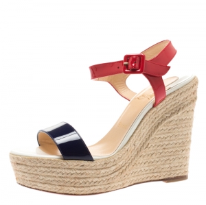 Pre Owned Christian Louboutin Tricolor Patent Leather Spachica Espadrille Wedge Sandals Size 38