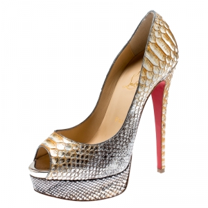 مملوكة مسبقًا Christian Louboutin Metallic Two Tone Python Leather Lady Peep Toe Platform Pumps Size 37.5