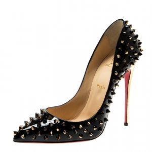 Christian Louboutin Black Patent Leather Follies Spikes Pointed Toe Pumps Size 39.5