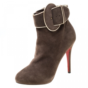 Pre Owned Christian Louboutin Elephant Grey Suede Trottinette Buckle Detail Ankle Boots Size 40