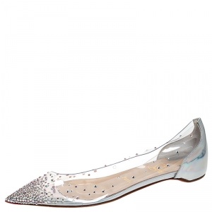 مملوكة مسبقًا Christian Louboutin Metallic Sliver PVC And Leather Degrastrass Pointed Toe Ballet Flats Size 39