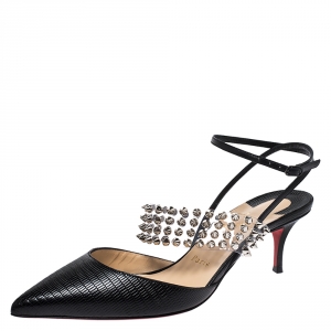 Pre Owned Christian Louboutin Black Lizard Embossed Leather And PVC Levita 55 Studded Ankle Wrap Sandals Size 39
