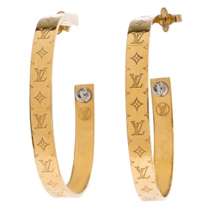 Louis Vuitton Gold Tone Nanogram Hoop Earrings