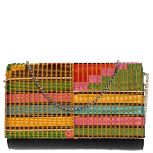 Christian Louboutin Black/Multicolor Leather and Embroidered Fabric Paloma Chain Clutch