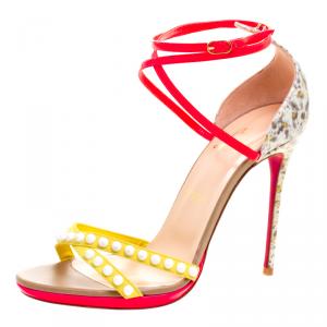 Pre Owned Christian Louboutin Multicolor Patent Leather and Suede Monocronana Cross Strap Spike Sandals Size 39