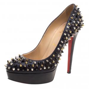 Pre Owned Christian Louboutin Black Leather Bianca Spike Platform Pumps Size 39