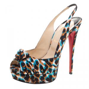 Pre Owned Christian Louboutin Multicolor Printed Silk Jenny Peep Toe Slingback Sandals Size 41